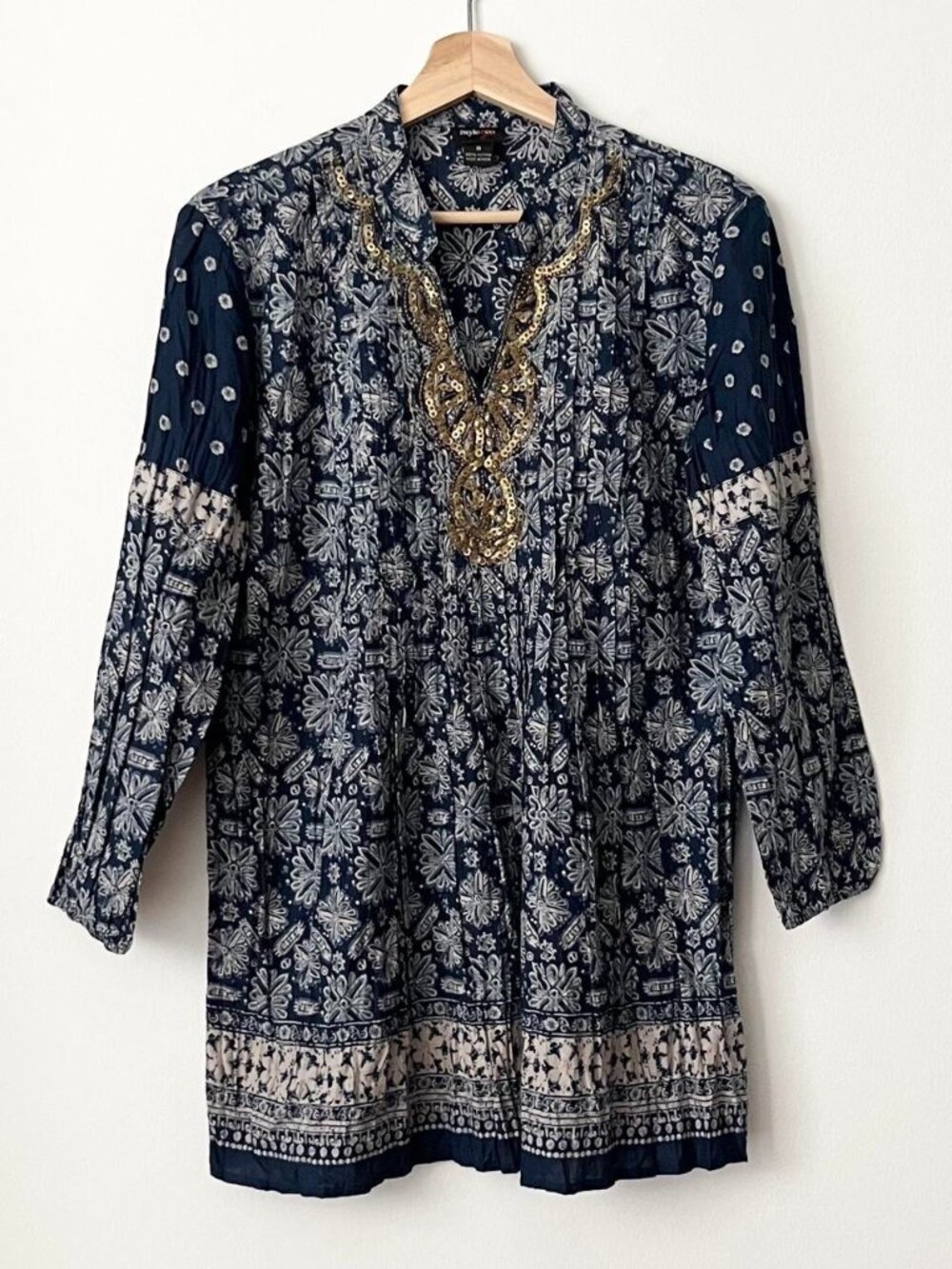 Style & Co. Jeans Women's Boho Print Tunic Top Blouse Cover-up Gold Beads Size 8